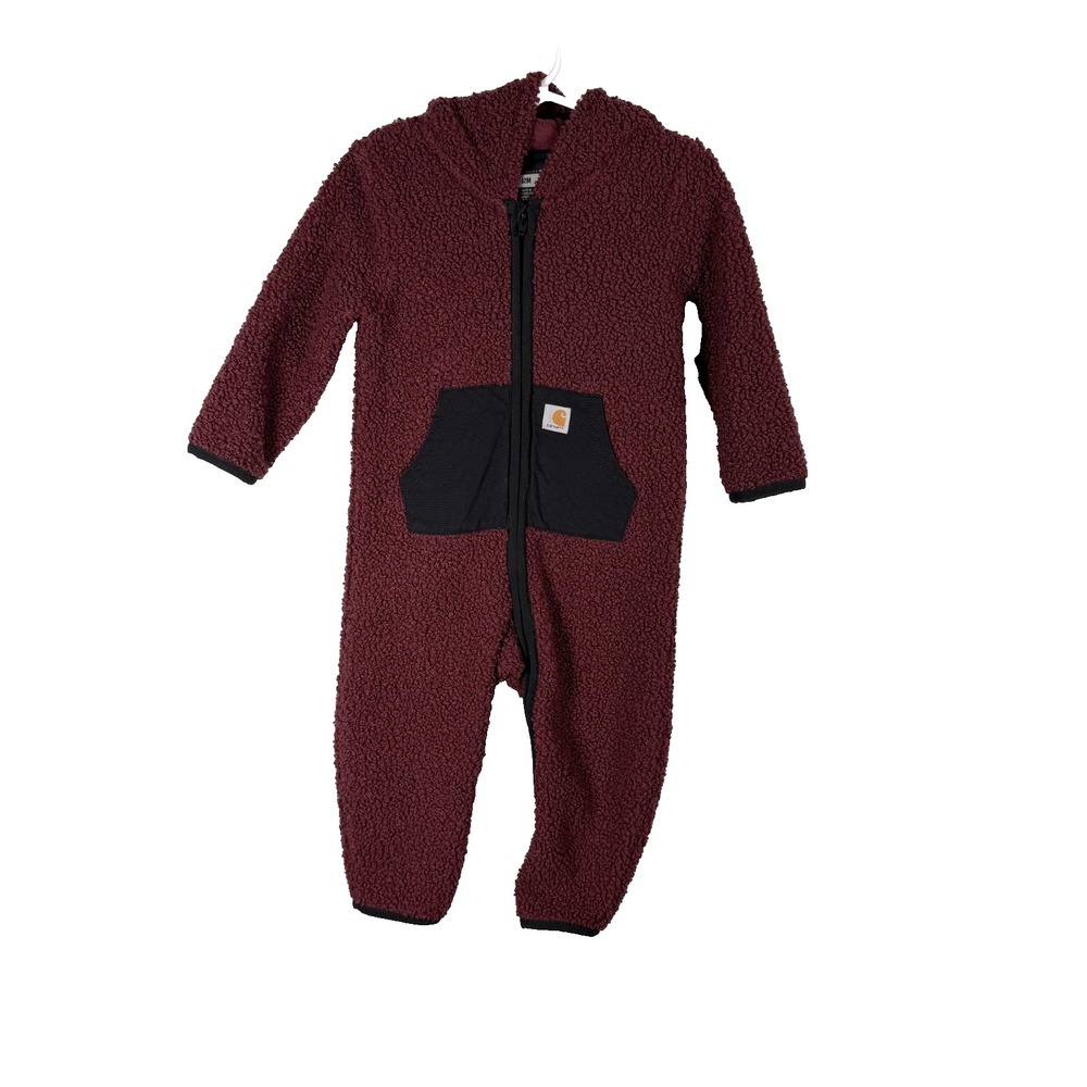 Carhartt Coverall Baby 12M Red Burgundy Hooded Fleece Zip Up Jumpsuit Romper